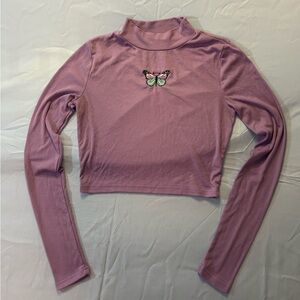Vintage Purple Long Sleeve Top with Butterfly Embroidery - Y2K aesthetic- Size S